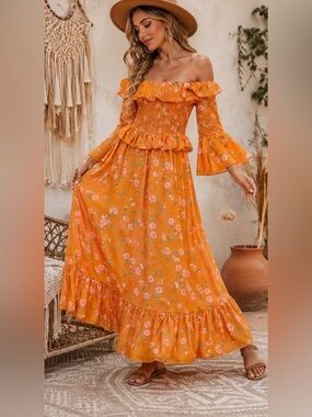 Topshop Orange Floral Smocked Maxi Dress | US 6 | Boho Off Shoulder Dress